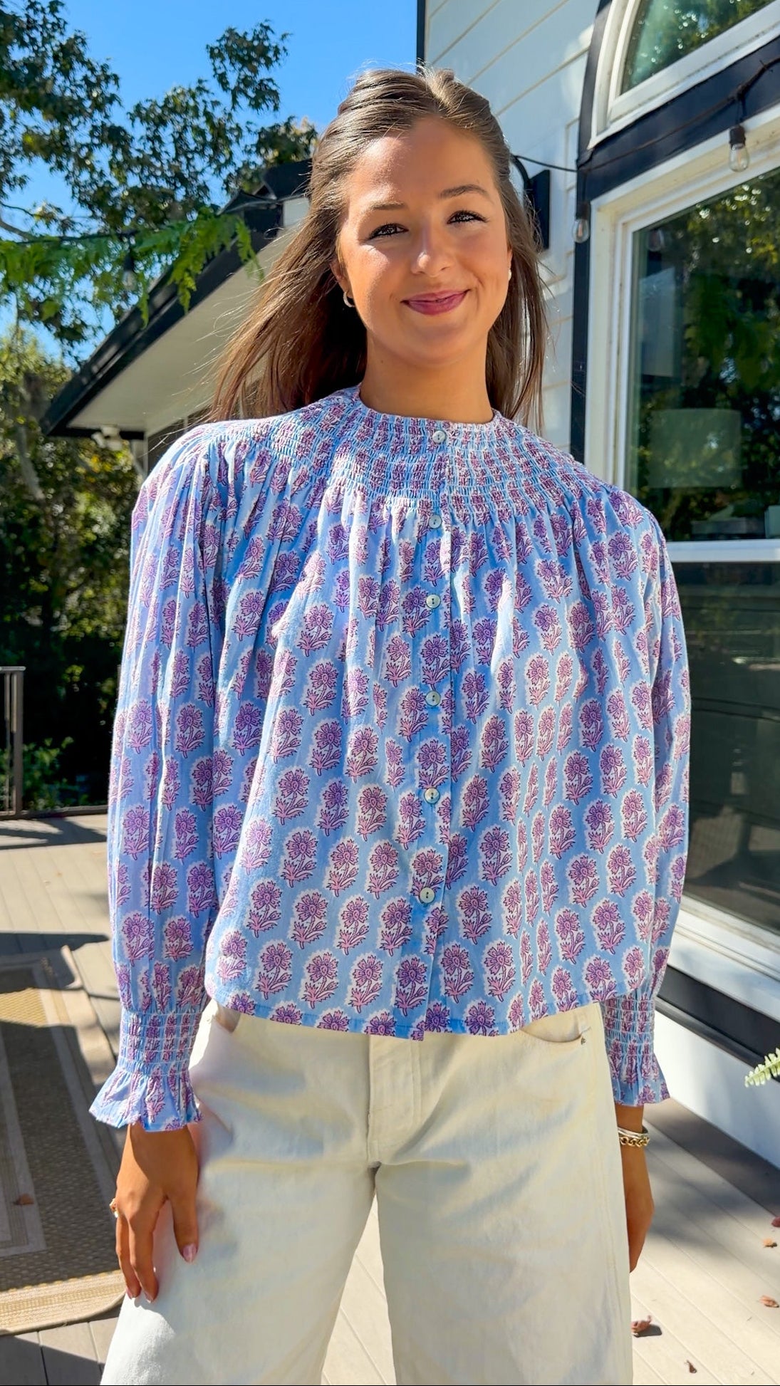 Blue & Pink Floral Long Sleeve Top