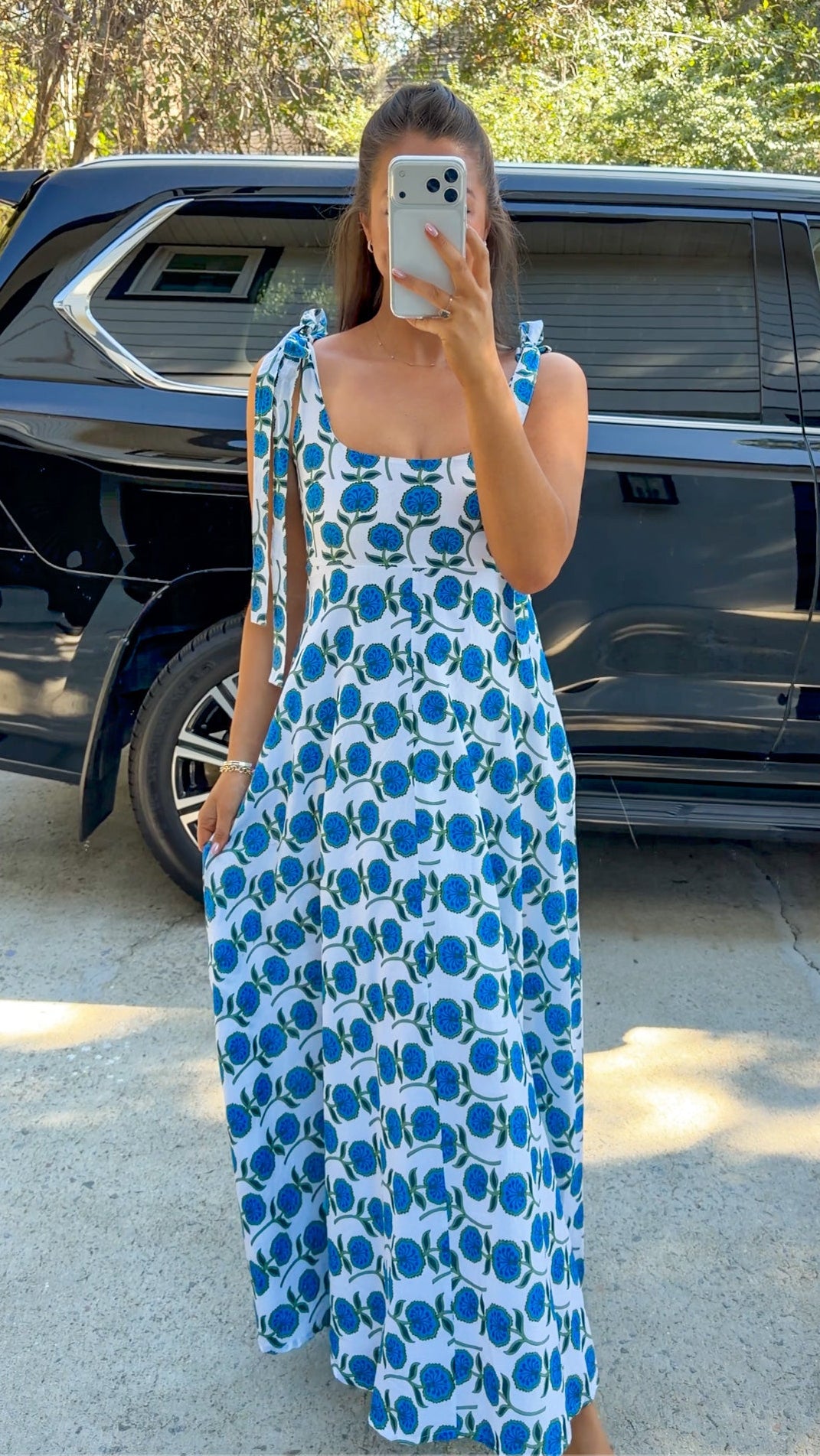 Blue Floral Tie-Strap Maxi Dress