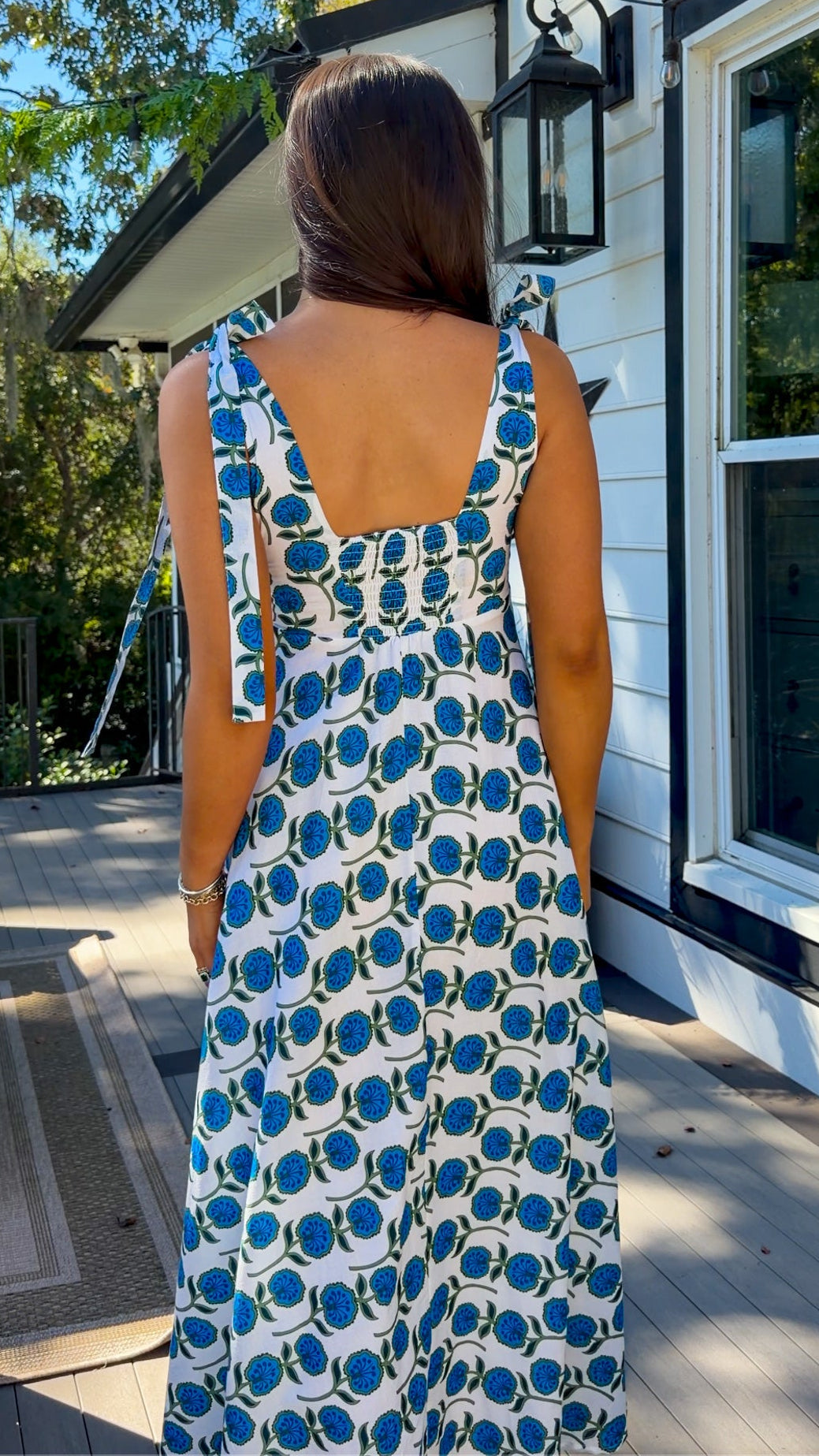 Blue Floral Tie-Strap Maxi Dress