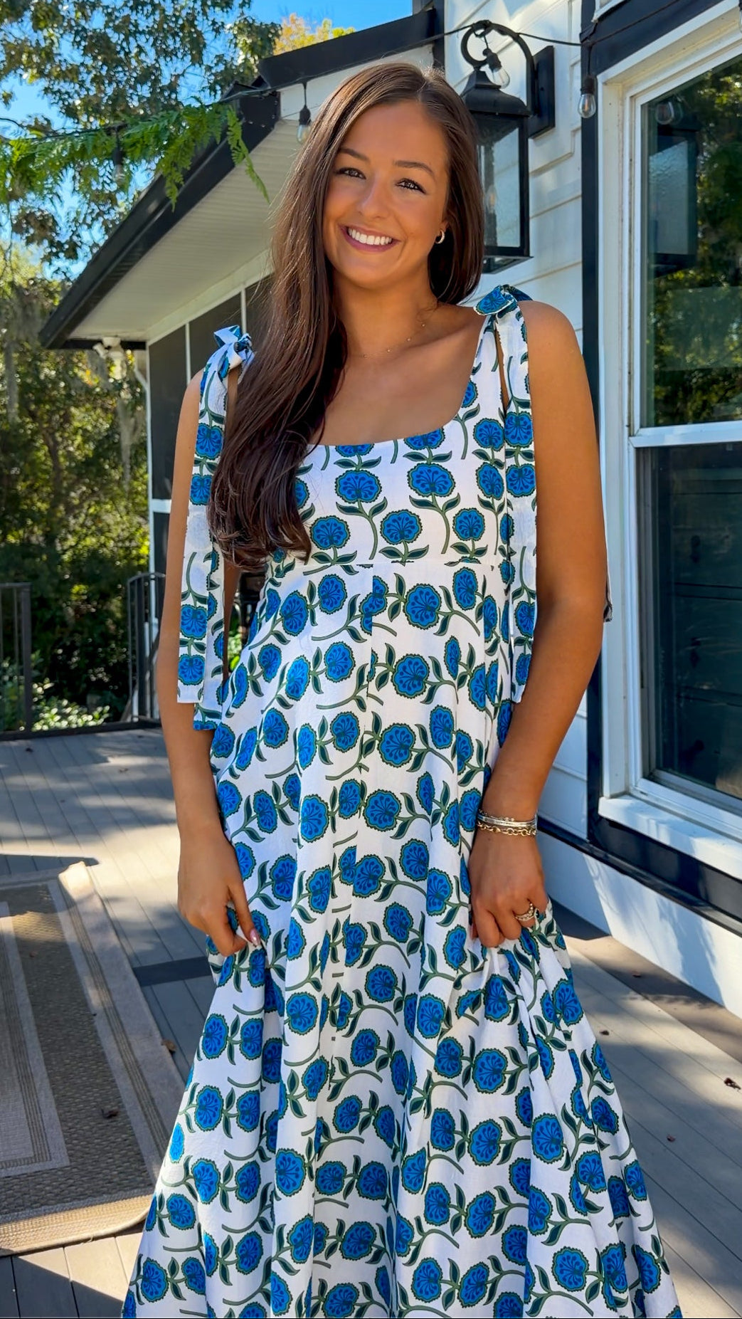 Blue Floral Tie-Strap Maxi Dress