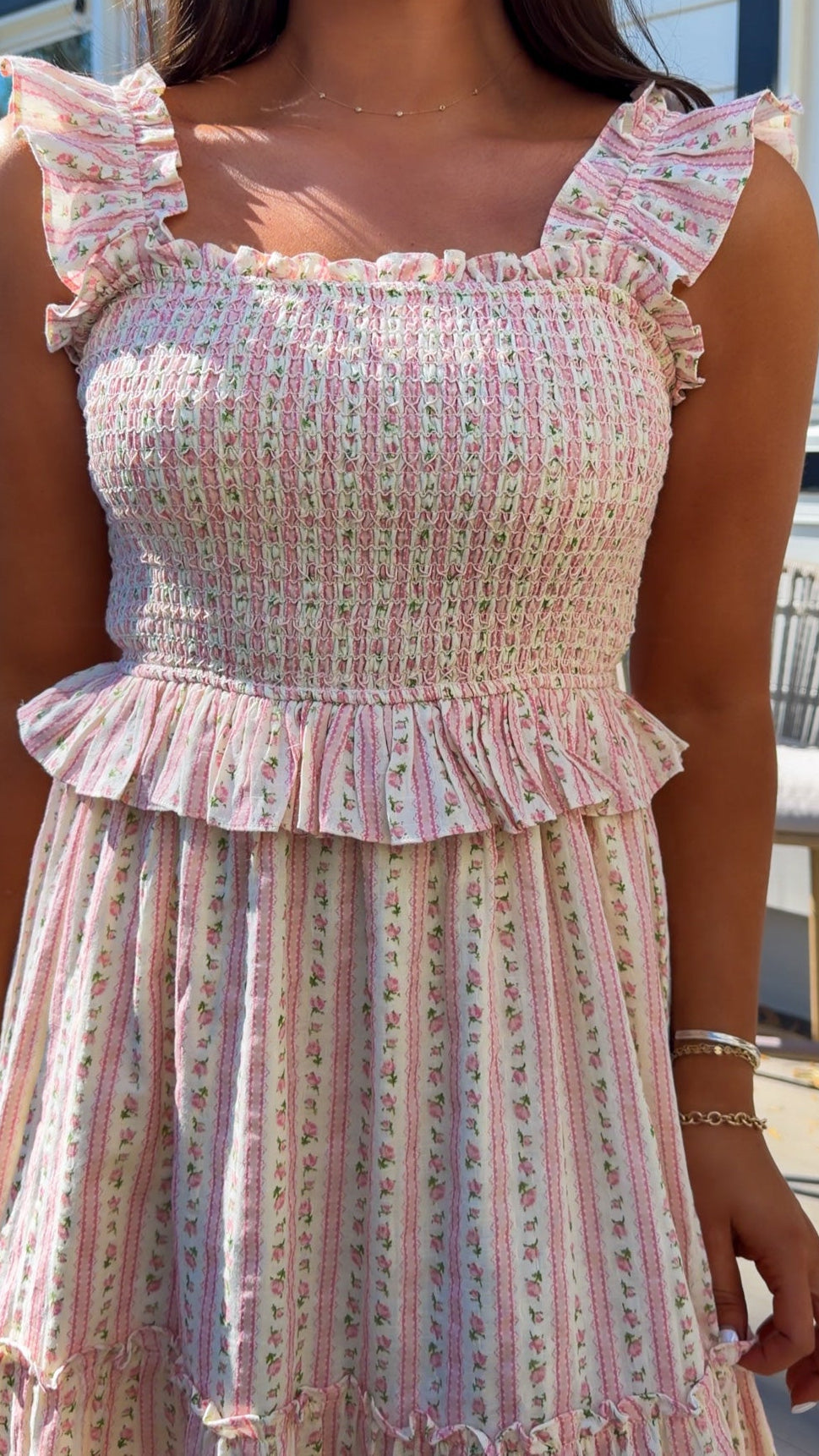 pink floral tiered maxi dress with smocked bodice and ruffle straps