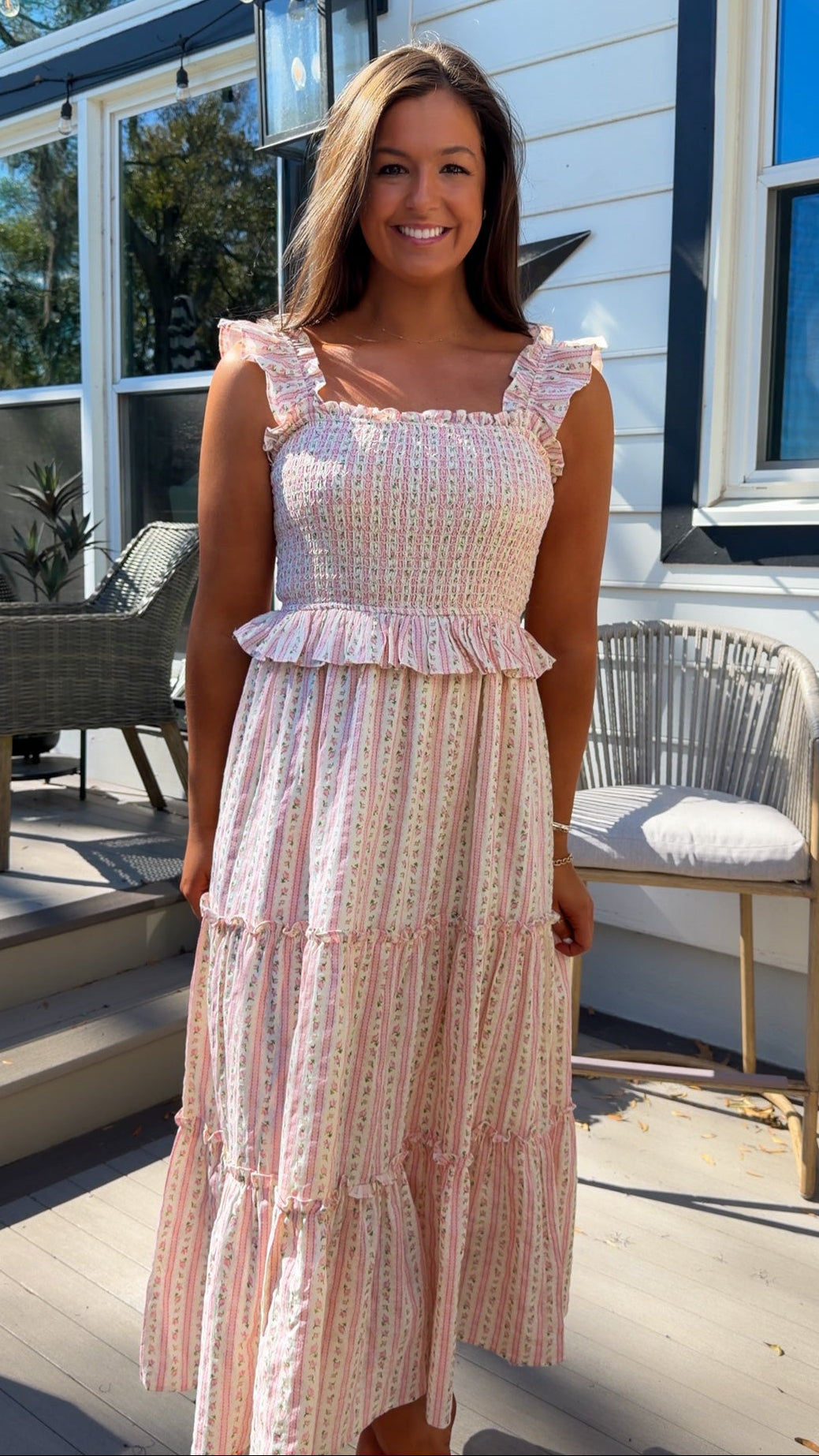 pink floral tiered maxi dress with smocked bodice and ruffle straps