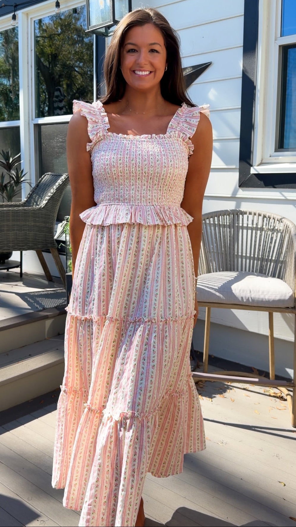 pink floral tiered maxi dress with smocked bodice and ruffle straps