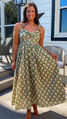 green floral sweetheart neckline midi dress with bow straps and chest cutout