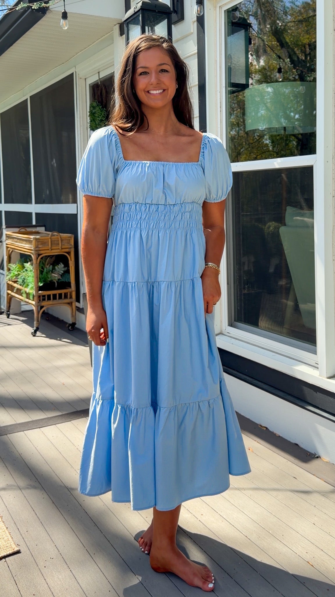 baby blue puff sleeve midi dress with square neckline smocked waist and tiered skirt