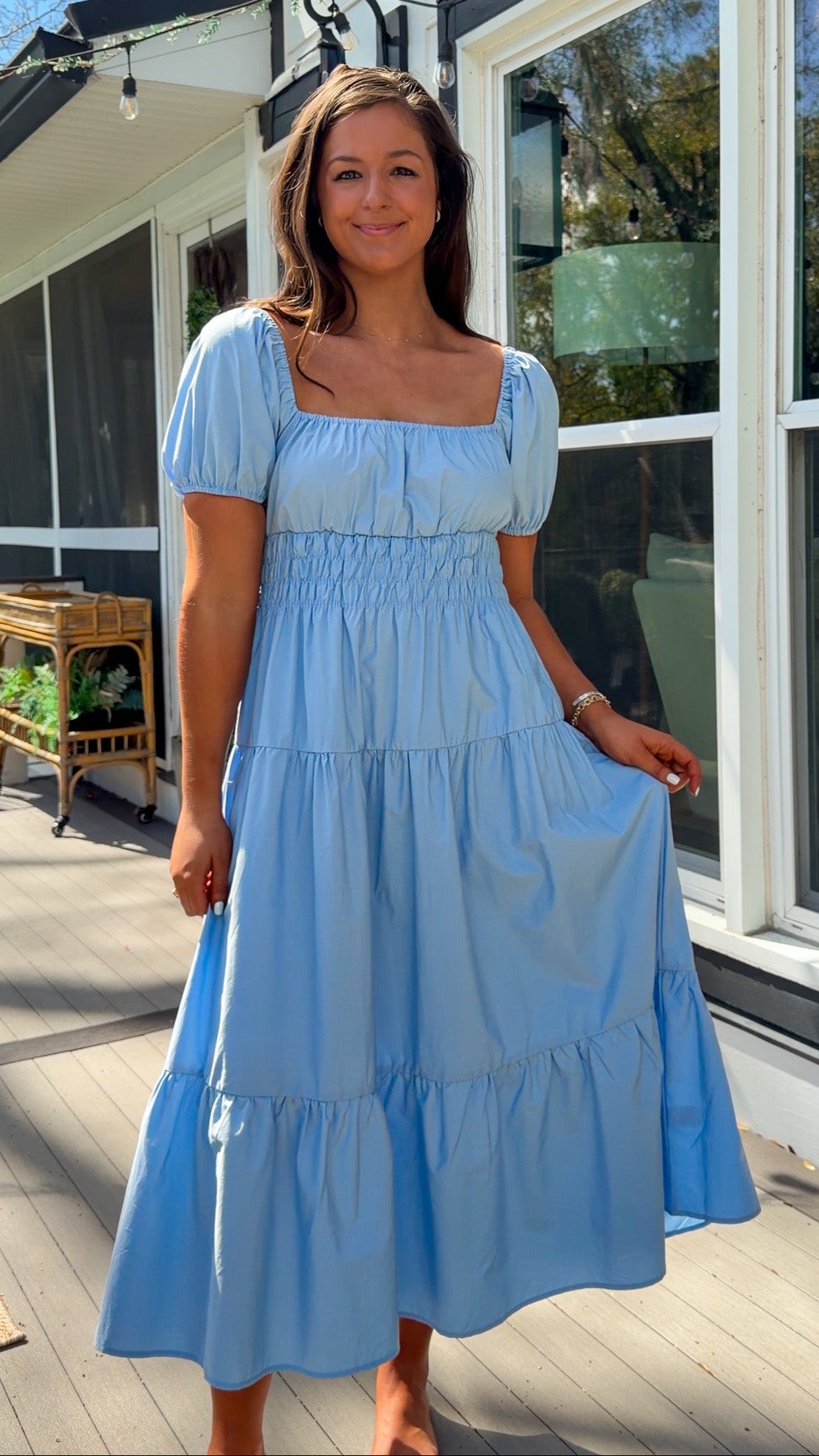 baby blue puff sleeve midi dress with square neckline smocked waist and tiered skirt