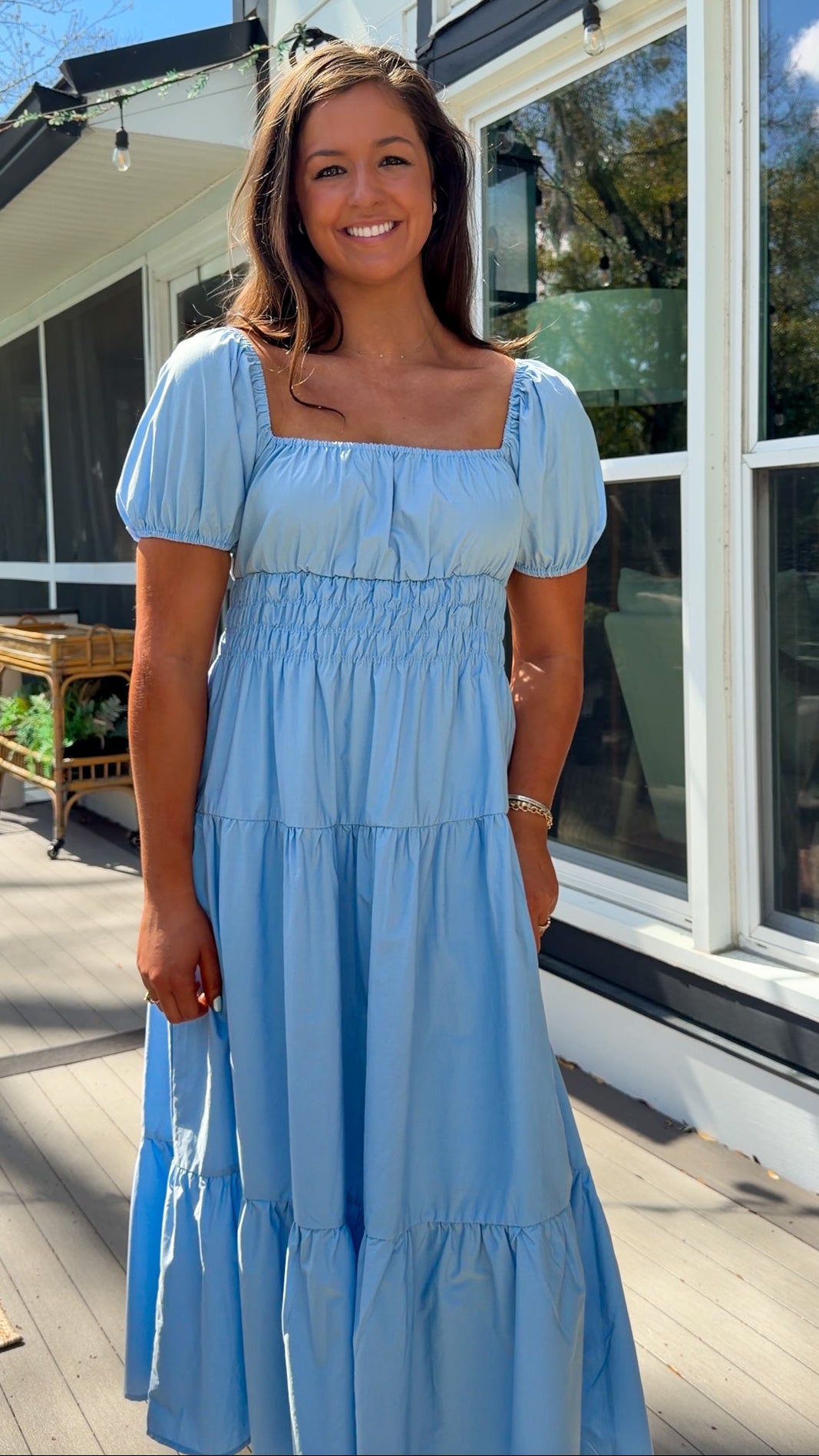 baby blue puff sleeve midi dress with square neckline smocked waist and tiered skirt