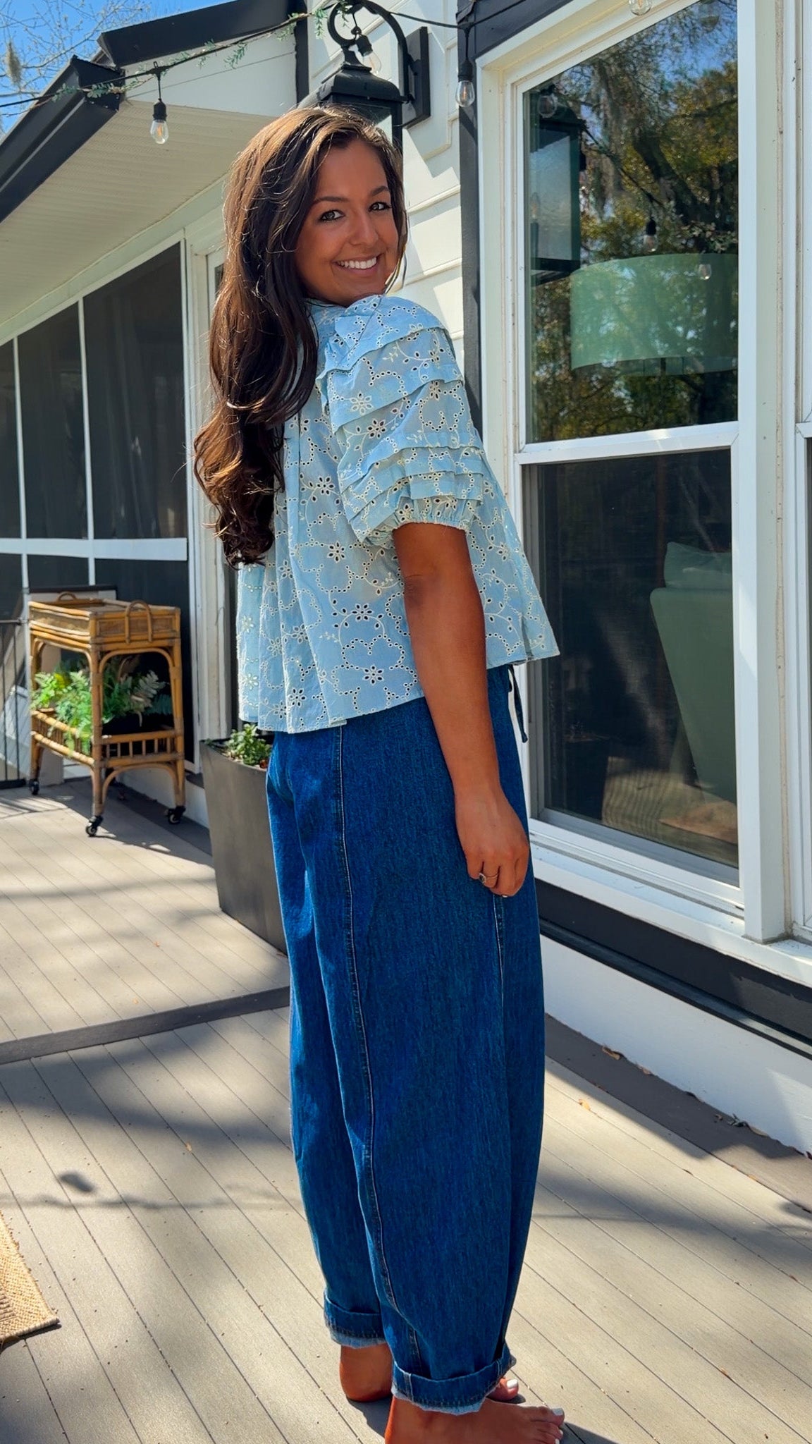 wide leg barrel denim pants with elastic drawstring waistband and front seam detail in medium wash