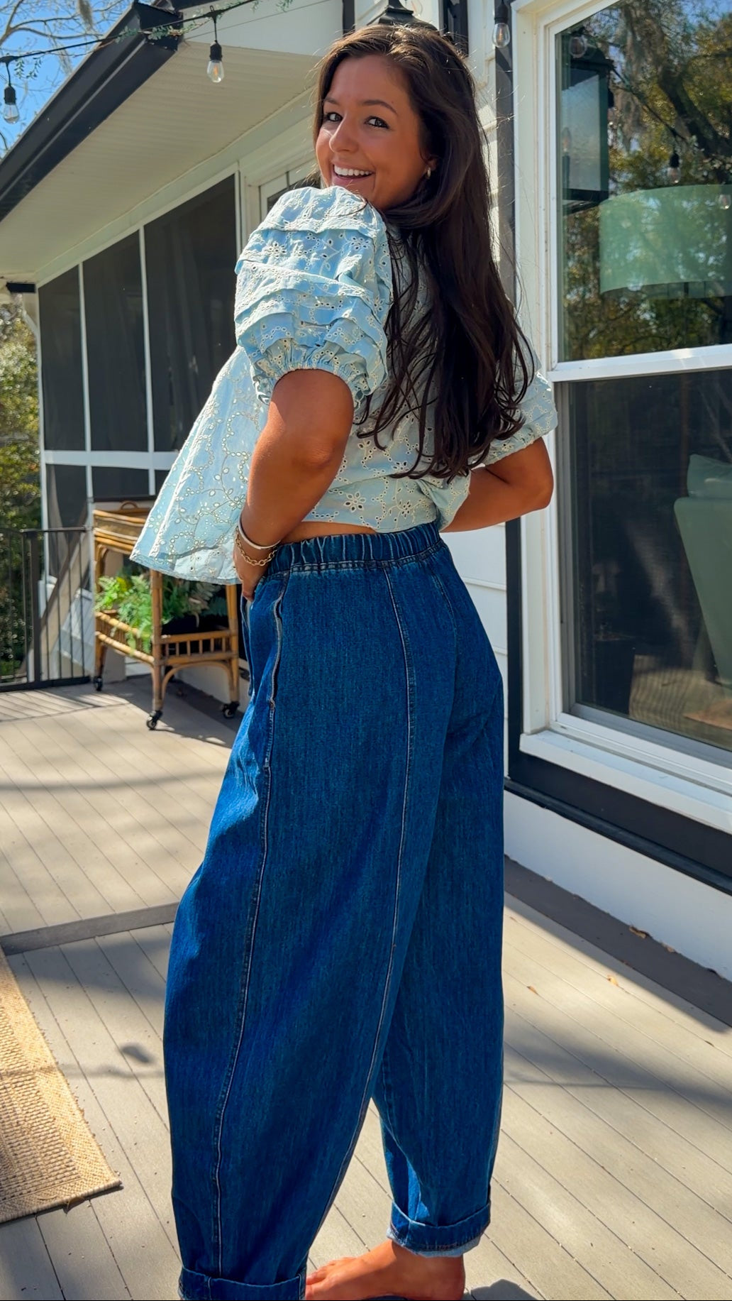 wide leg barrel denim pants with elastic drawstring waistband and front seam detail in medium wash