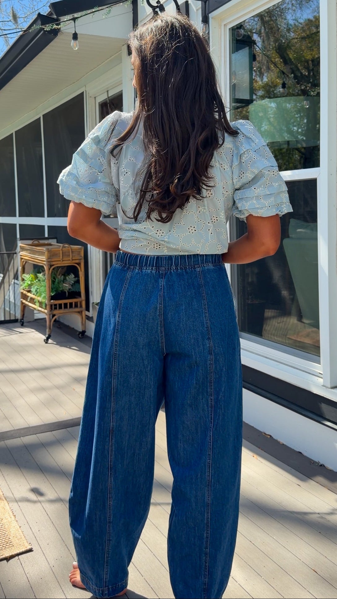 wide leg barrel denim pants with elastic drawstring waistband and front seam detail in medium wash