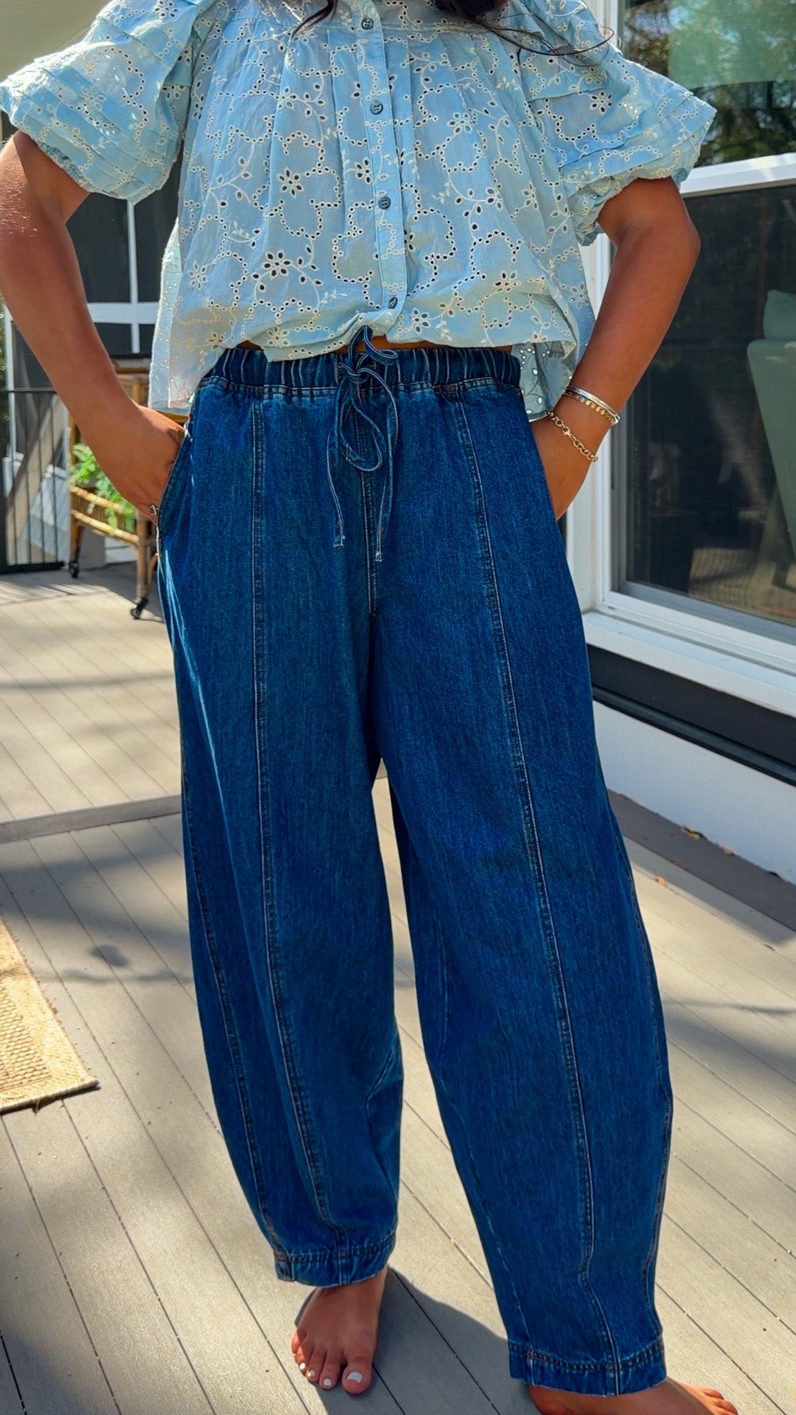 wide leg barrel denim pants with elastic drawstring waistband and front seam detail in medium wash