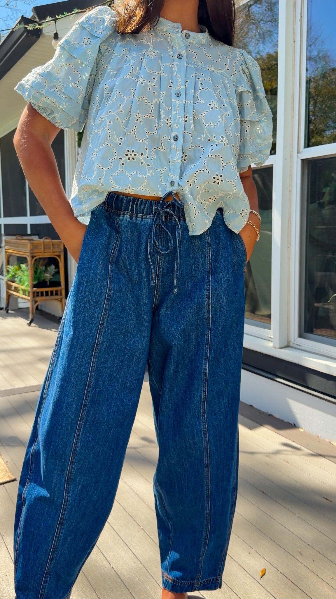 wide leg barrel denim pants with elastic drawstring waistband and front seam detail in medium wash