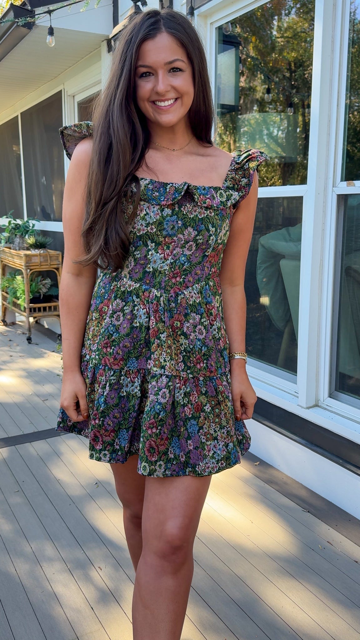 floral jaquard mini dress with ruffle and flutter sleeve front 1