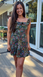 floral jaquard mini dress with ruffle and flutter sleeve front 1