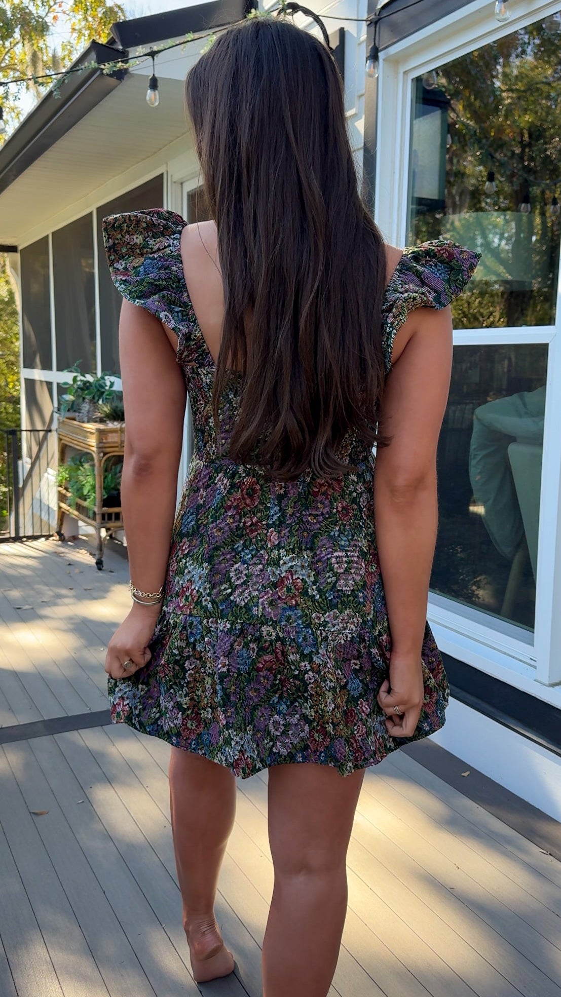 floral jaquard mini dress with ruffle and flutter sleeve back