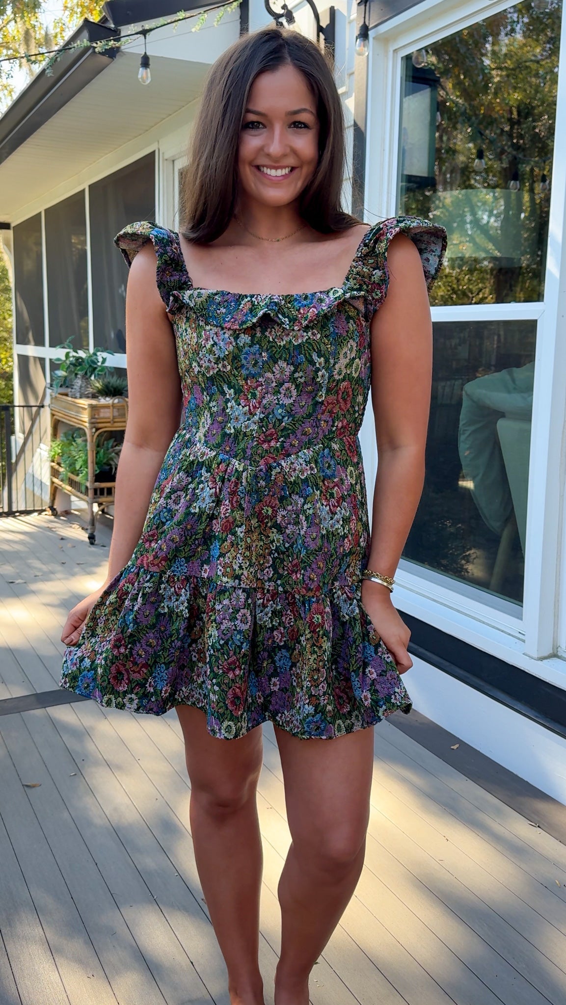 floral jaquard mini dress with ruffle and flutter sleeve front 2