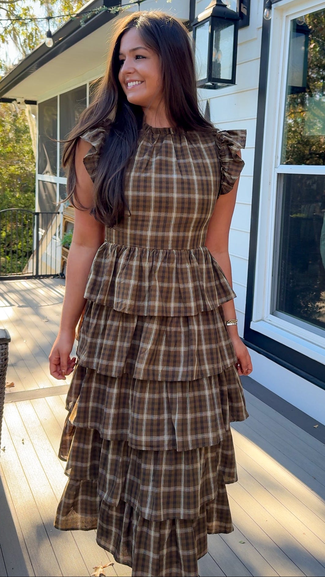 brown plaid ruffle midi dress with flutter sleeves and ruffle collar front 2