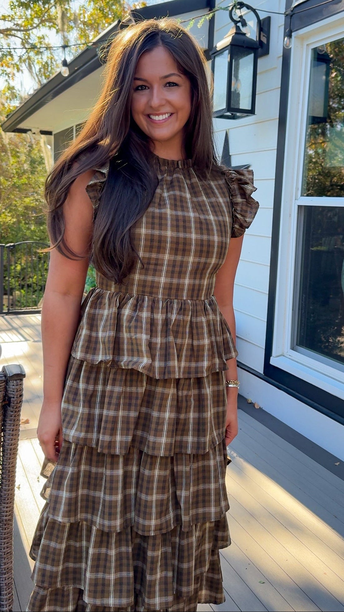 brown plaid ruffle midi dress with flutter sleeves and ruffle collar front 2 close up