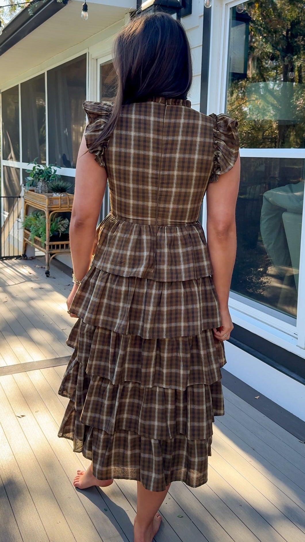 brown plaid ruffle midi dress with flutter sleeves and ruffle collar back view
