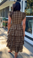 brown plaid ruffle midi dress with flutter sleeves and ruffle collar back view