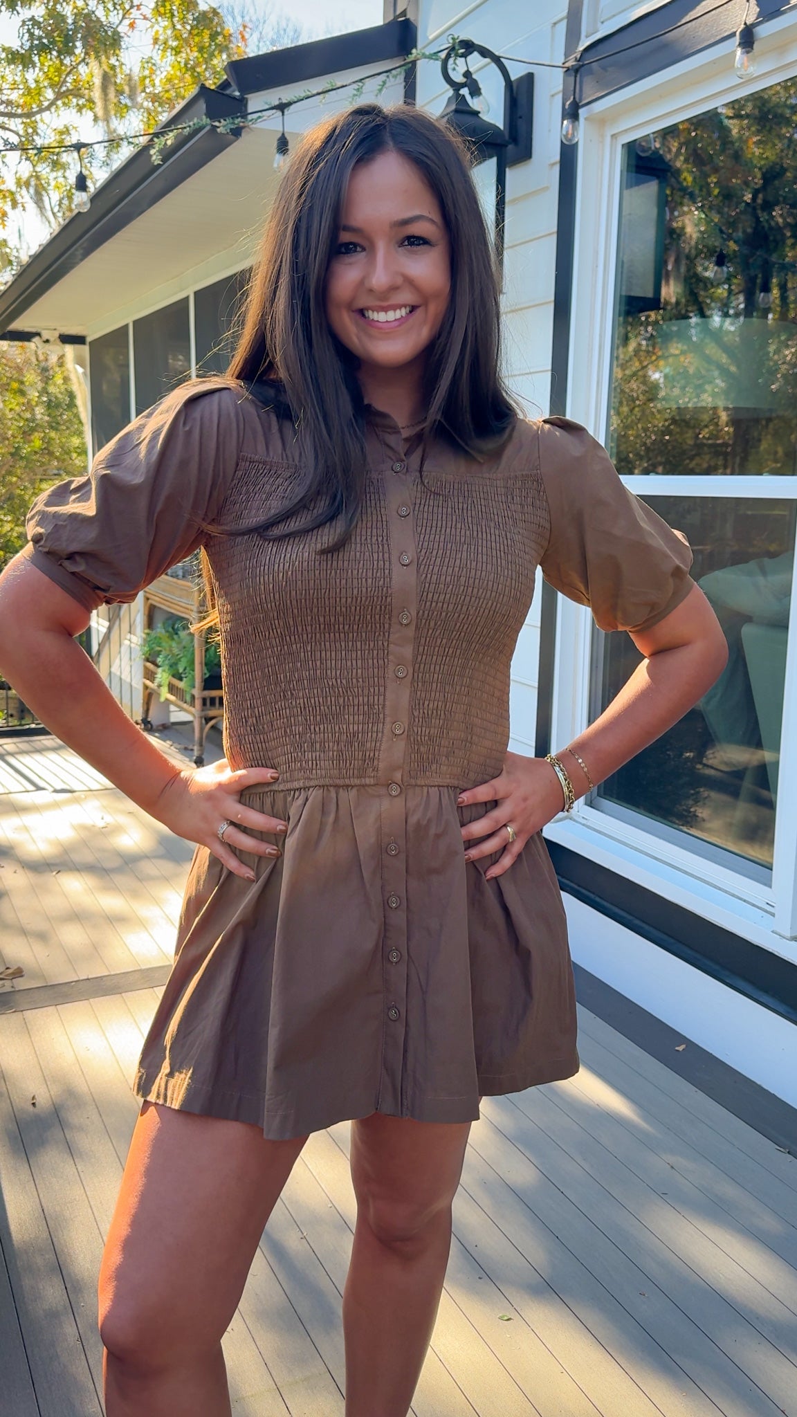 brown drop waist smocked mini dress front 4