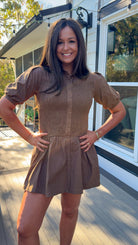 brown drop waist smocked mini dress front 4