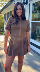 brown drop waist smocked mini dress front 5
