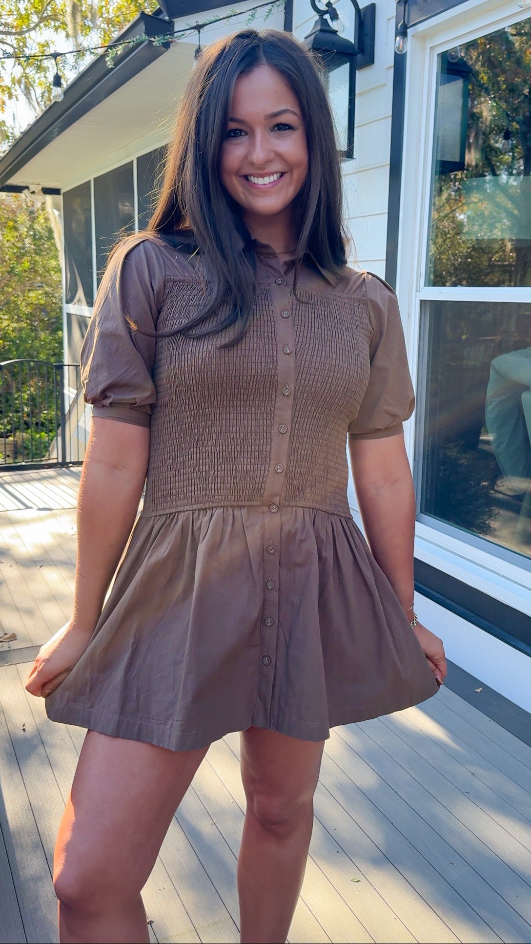 brown drop waist smocked mini dress front 7