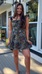 floral jaquard mini dress with ruffle and flutter sleeve front 3