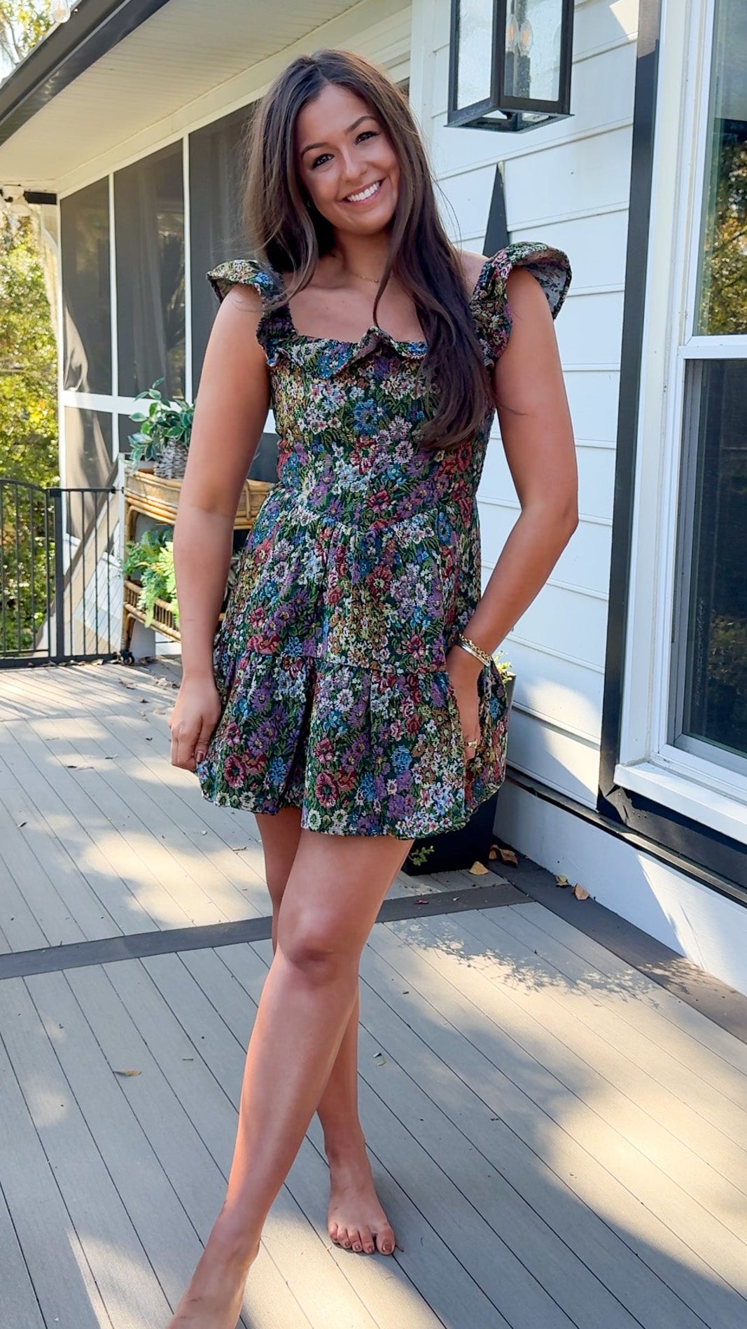 floral jaquard mini dress with ruffle and flutter sleeve front 4