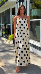 cream and black polka dot maxi dress