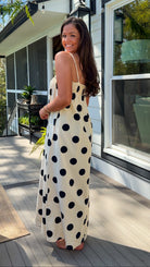cream and black polka dot maxi dress