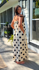cream and black polka dot maxi dress