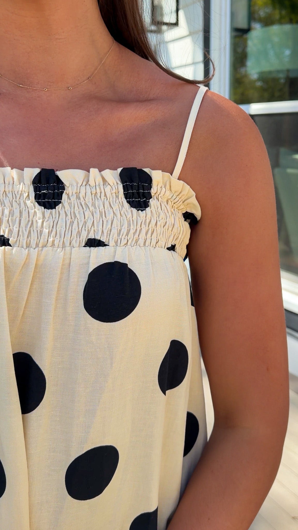 cream and black polka dot maxi dress