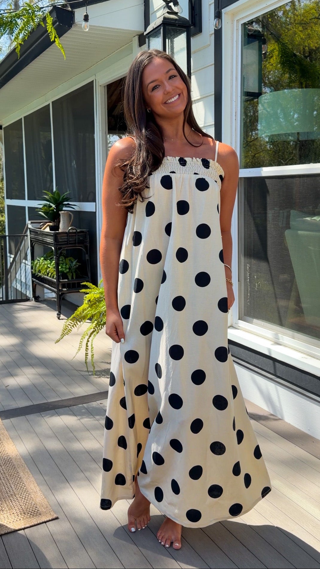 cream and black polka dot maxi dress