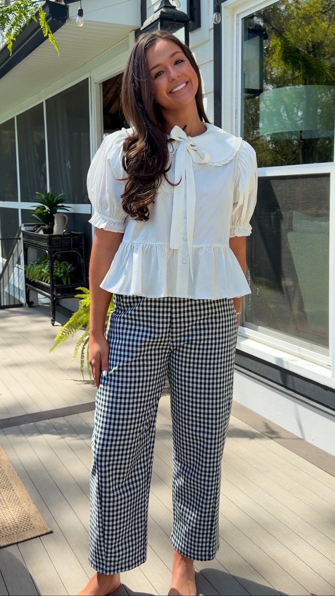 black and white gingham relaxed fit pants with elastic waistband and straight leg