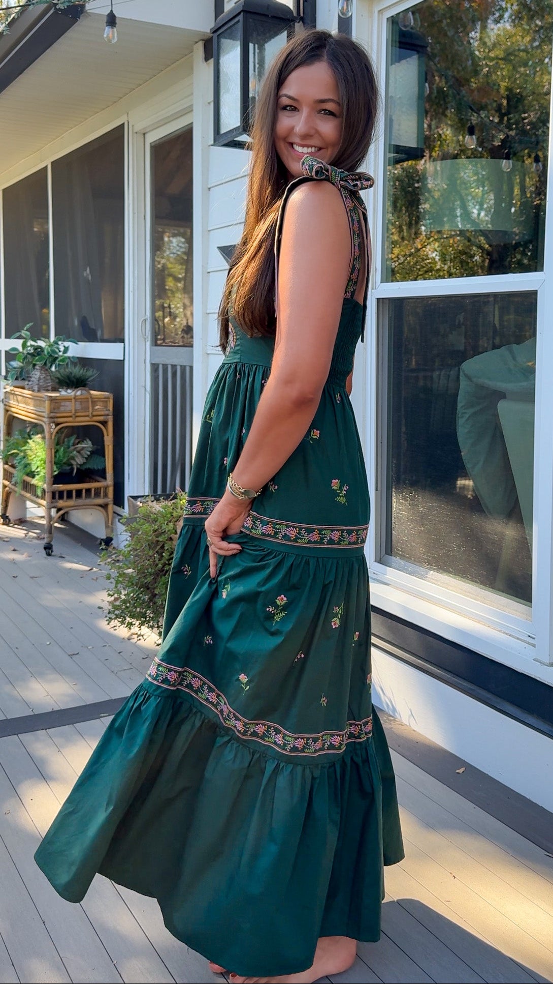 green dress floral embroidery side view