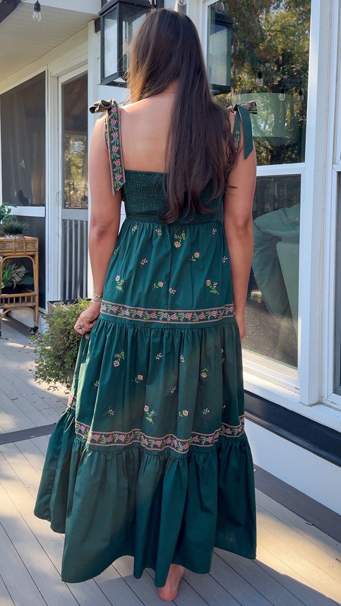 green floral embroidered dress maxi back view