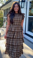 brown plaid ruffle midi dress with flutter sleeves and ruffle collar front long