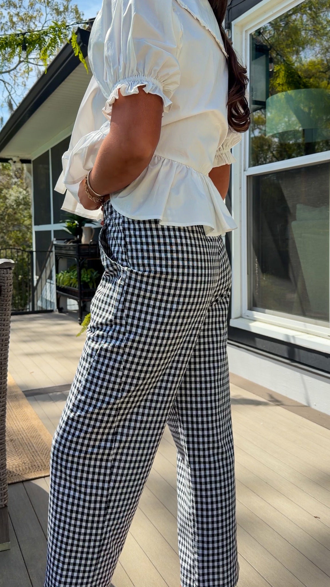 black and white gingham relaxed fit pants with elastic waistband and straight leg