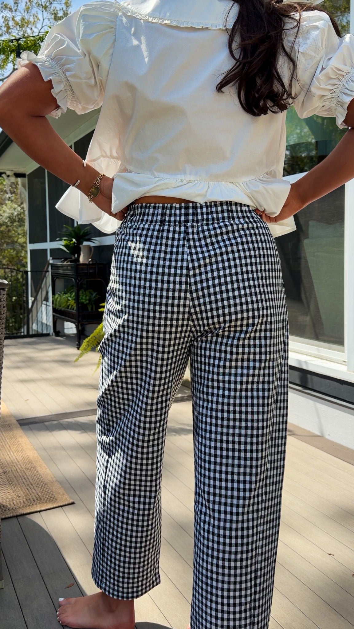 black and white gingham relaxed fit pants with elastic waistband and straight leg