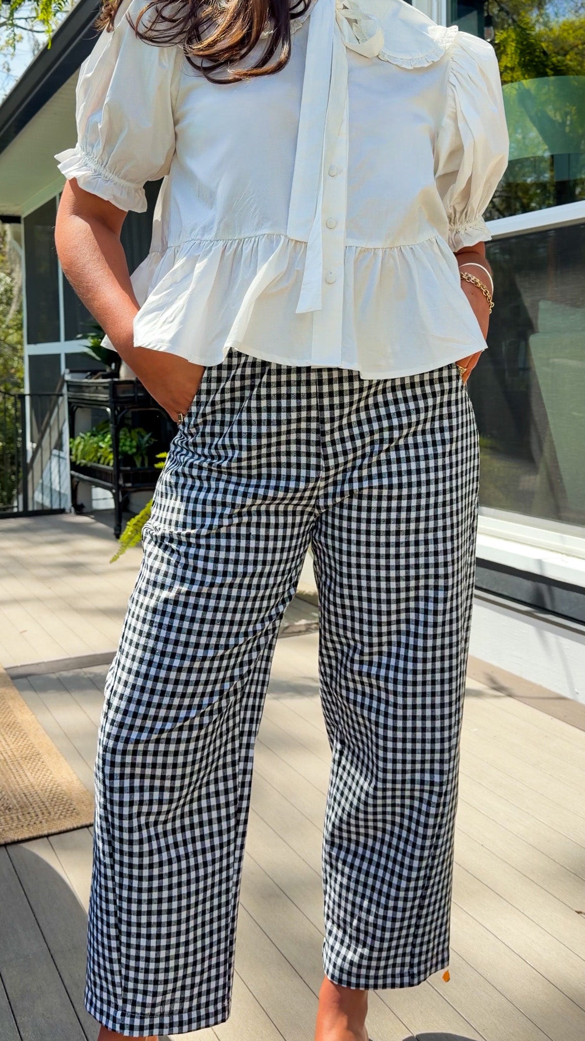 black and white gingham relaxed fit pants with elastic waistband and straight leg