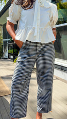 black and white gingham relaxed fit pants with elastic waistband and straight leg