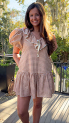 gingham orange and brown mini dress with ruffle collar and lace trim front 2