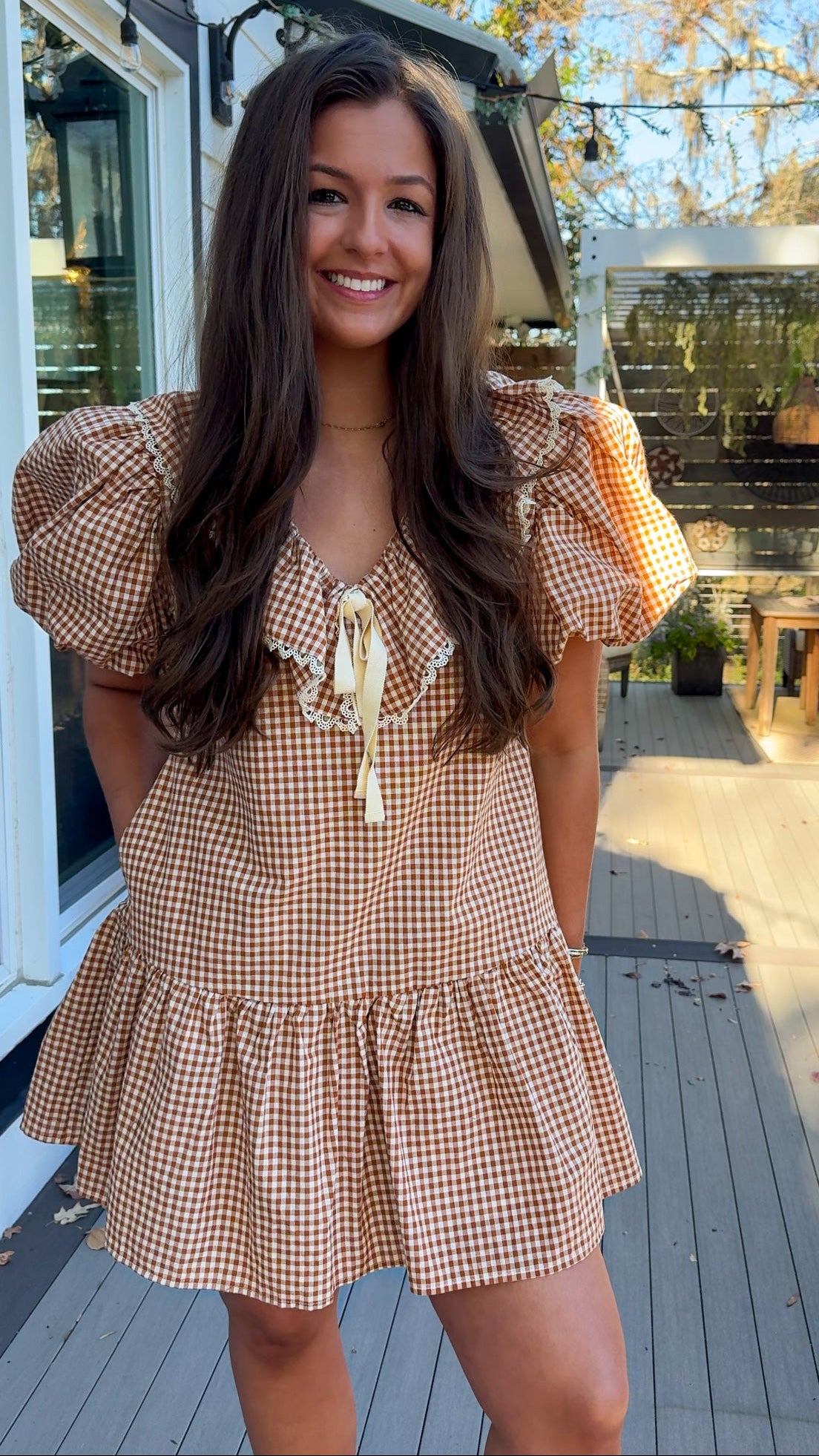 gingham orange and brown mini dress with ruffle collar and lace trim front 4