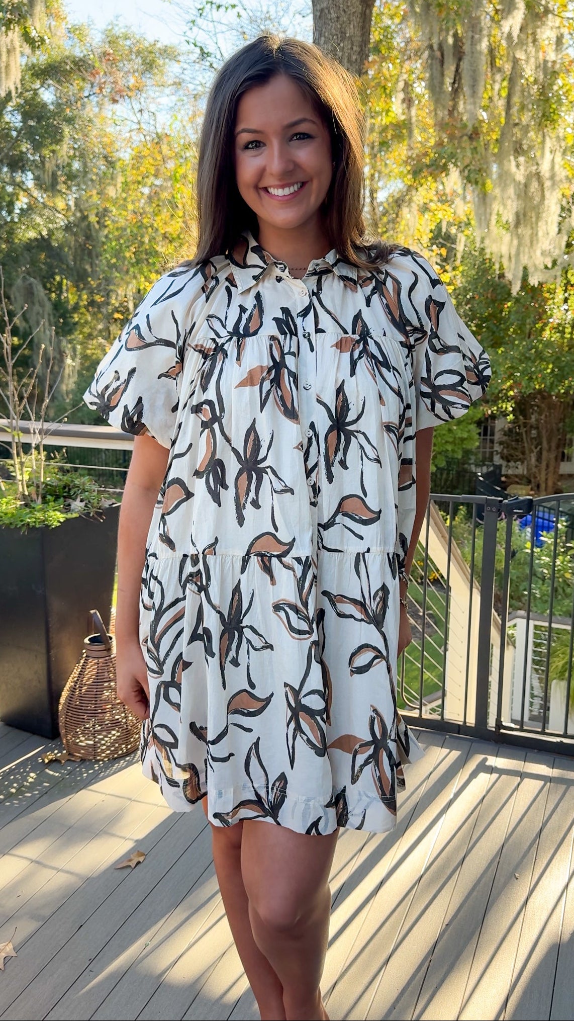 floral dress collared cream white and brown floral design button down closure and puff sleeves 1