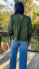 green floral embroidered long sleeve blouse back view