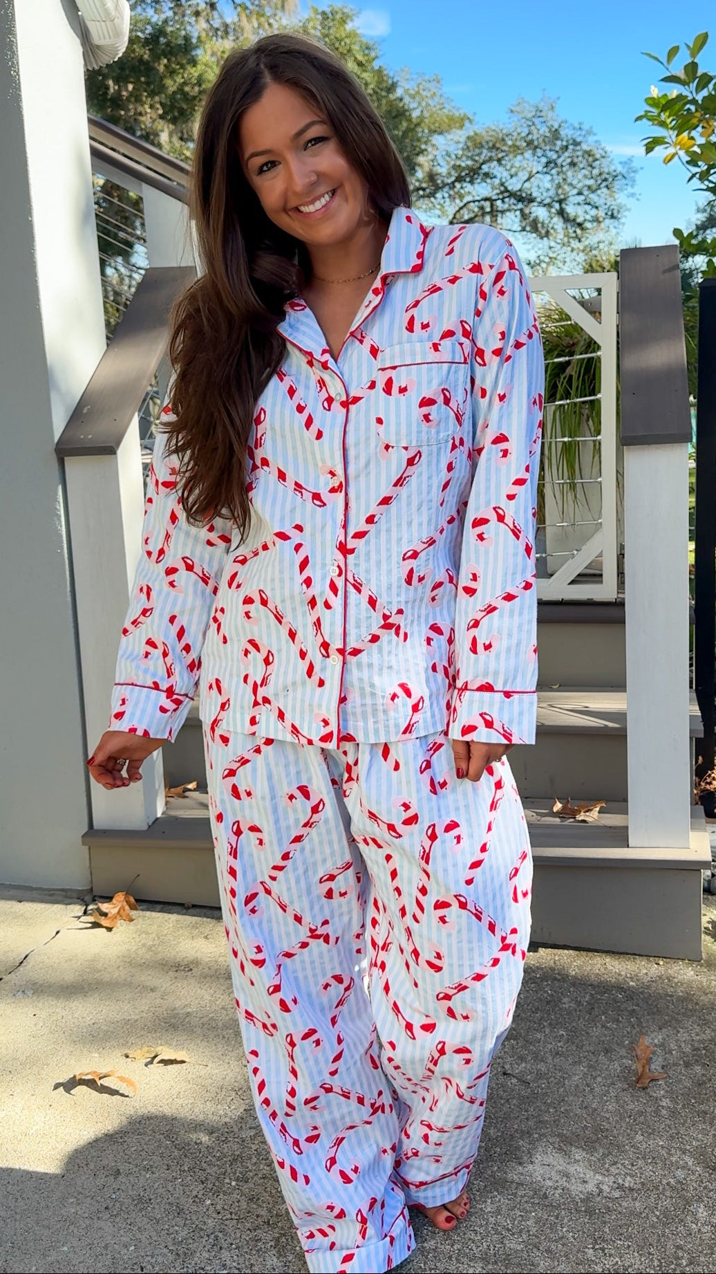 blue and white stripe pajama long pant and long sleeve shirt set with candy canes and button down closure soft loungewear 4