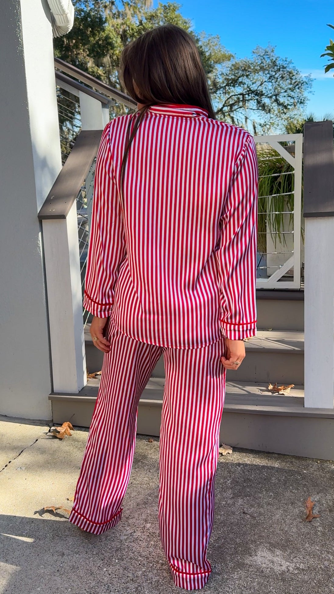 satin red stripe christmas pajama set with red velvet details and belt pant set button down closure long sleeve