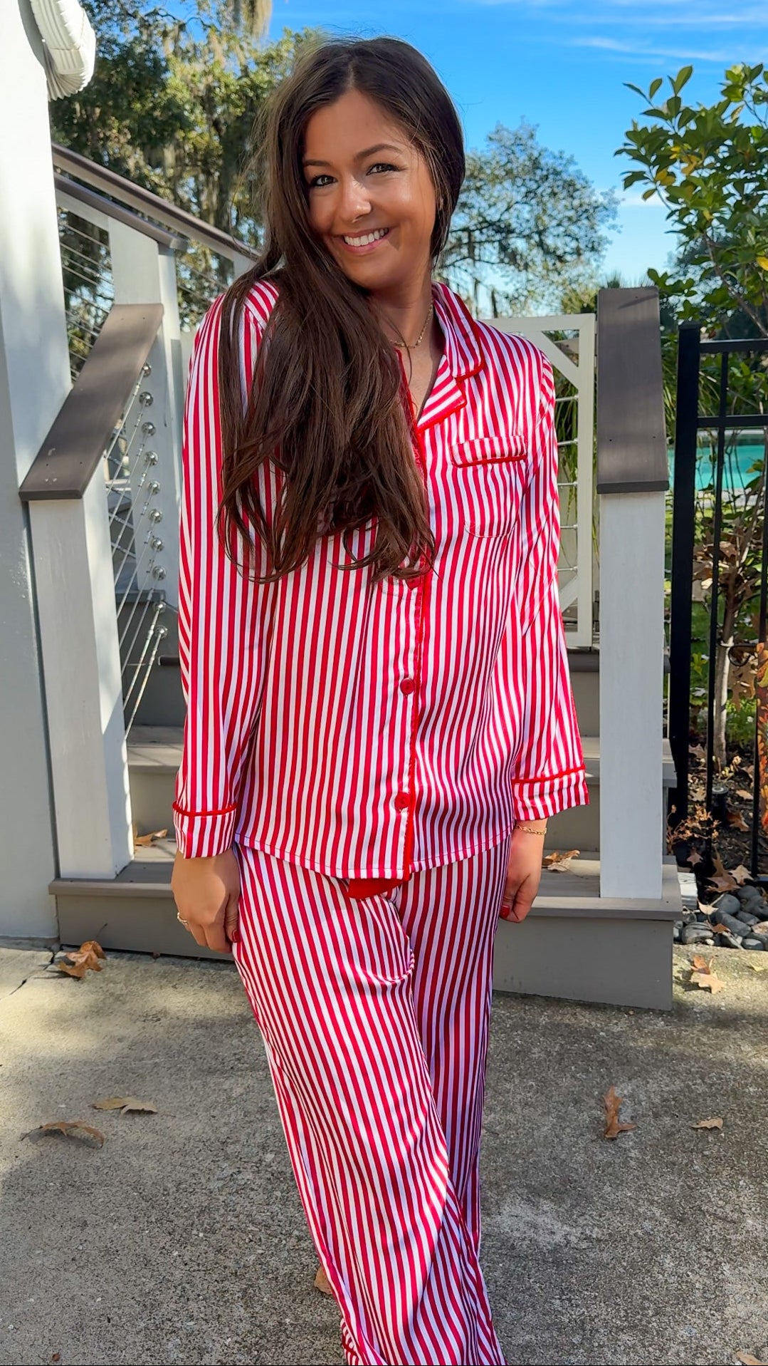 satin red stripe christmas pajama set with red velvet details and belt pant set button down closure long sleeve close
